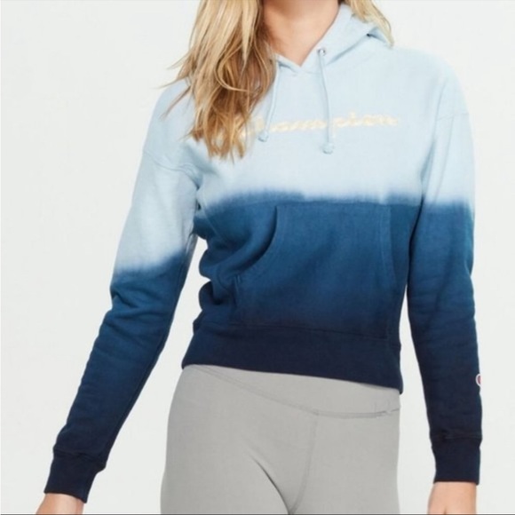 Champion Tops - Champion Spellout Hoodie Blue Ombre Dip Dye Reverse Weave Embroidered Sweatshirt